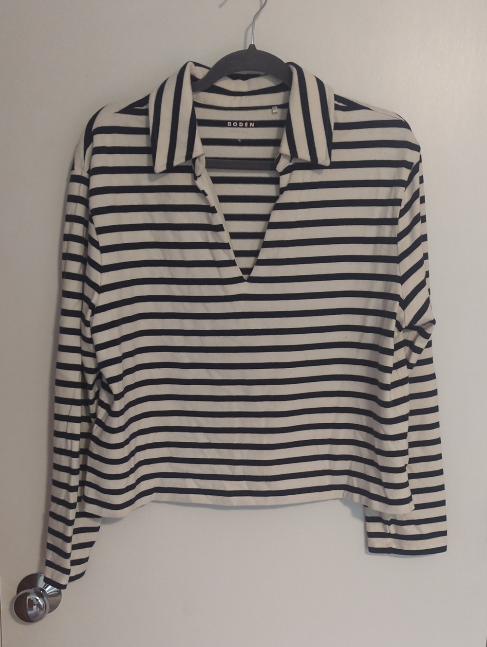 Boden Black & White Striped Collared Long-Sleeve Top
